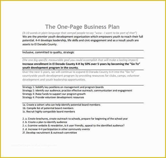 One Page Business Plan Template Free Of 10 E Page Business Plan Samples