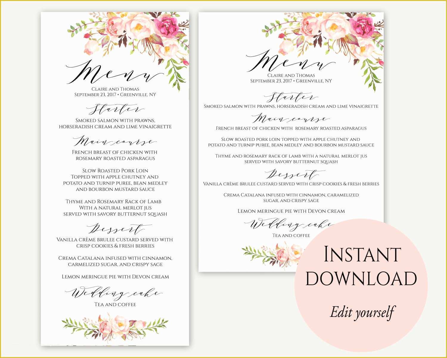 One Page Menu Template Free Of Wedding Menu Template 5x7 4x9 Wedding Menu Cards Menu