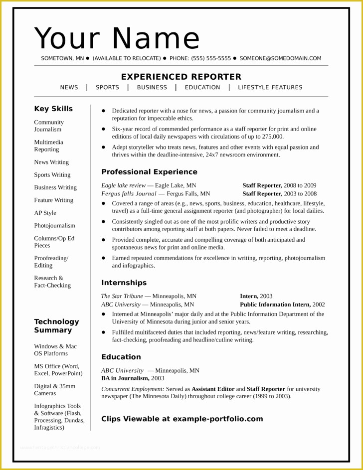 One Page Resume Template Free Of E Page News Reporter Resume Template