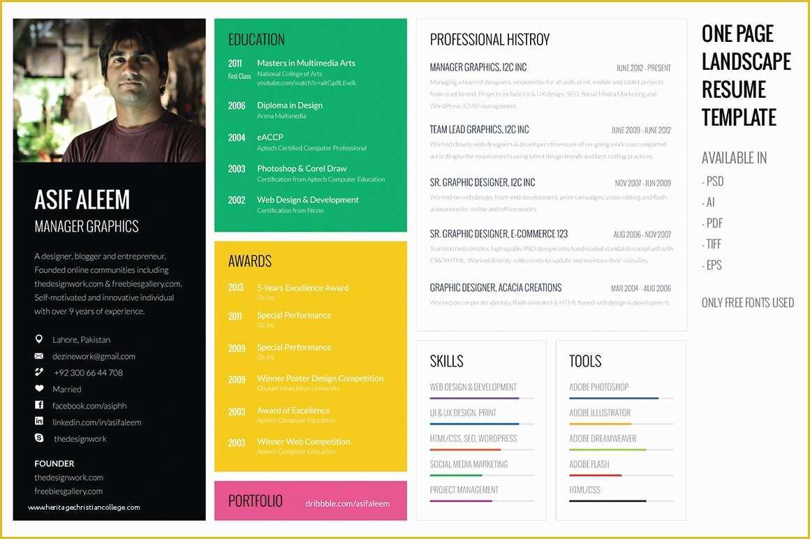 One Page Template Free Of Landscape Resume Cv Template Resume Templates