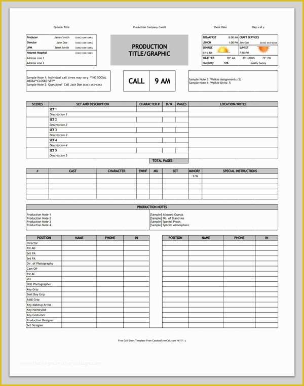 One Sheet Template Free Of Download A Free Call Sheet Template to Get Your Crew