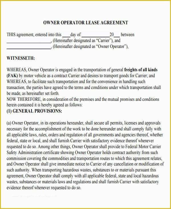 Owner Operator Lease Agreement Template Free Of 8 Owner Operator Lease Agreement Sample Free Sample