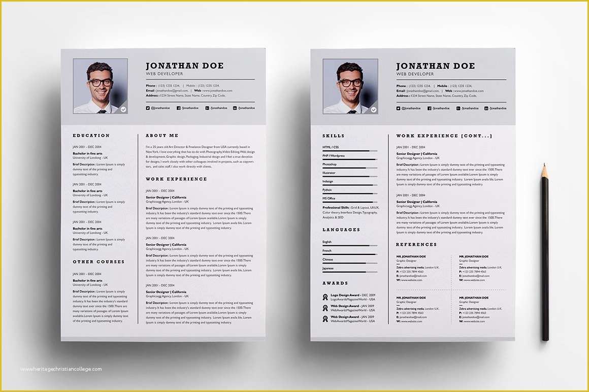 Pages Cv Template Free Of Professional Two Page Resume Set Resume Templates