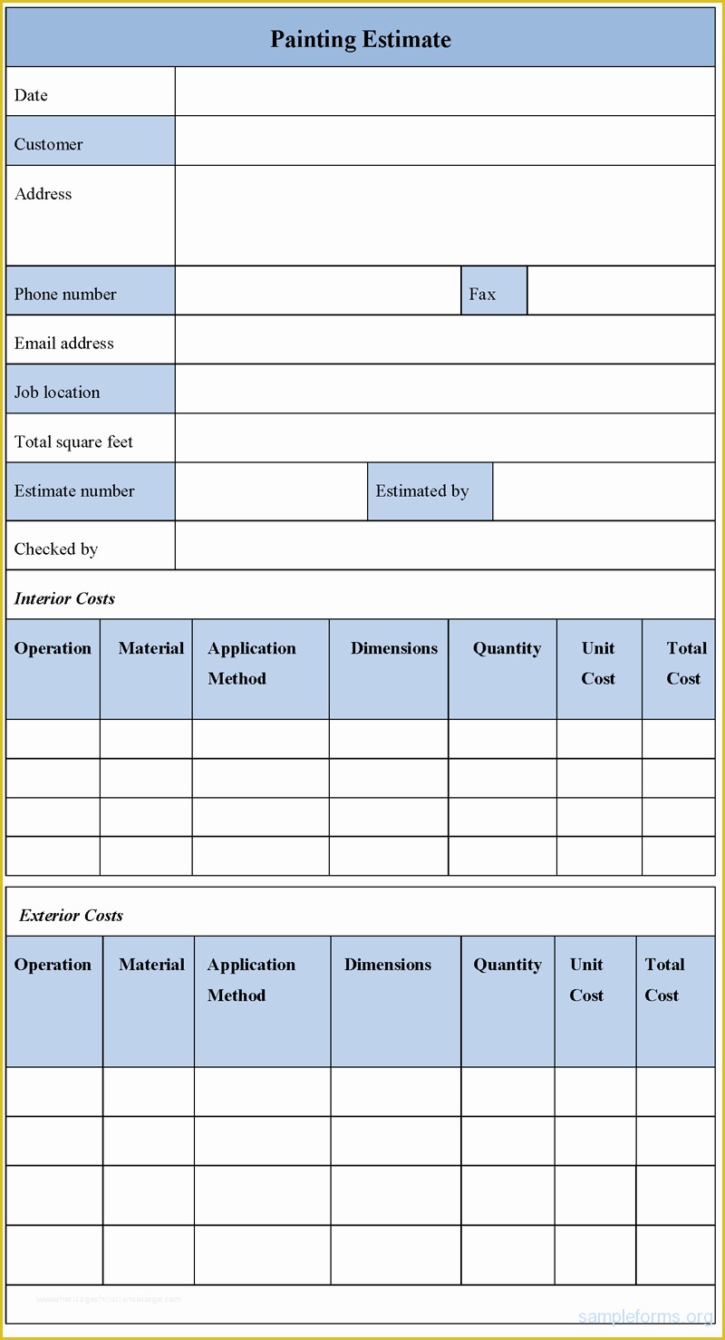 Painting Contract Template Free Download Of Painting Estimate form Sample forms