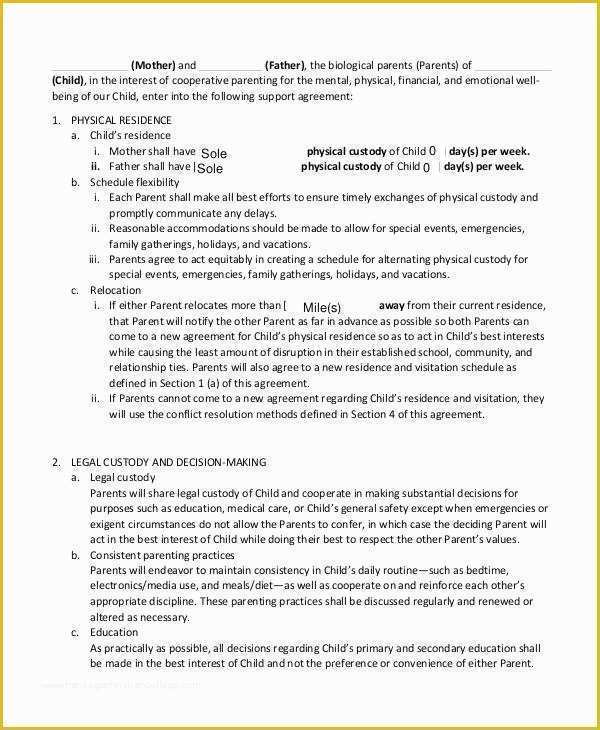 Parent Child Contract Templates Free Download Of Childcustody Agreement Unmarried Paren