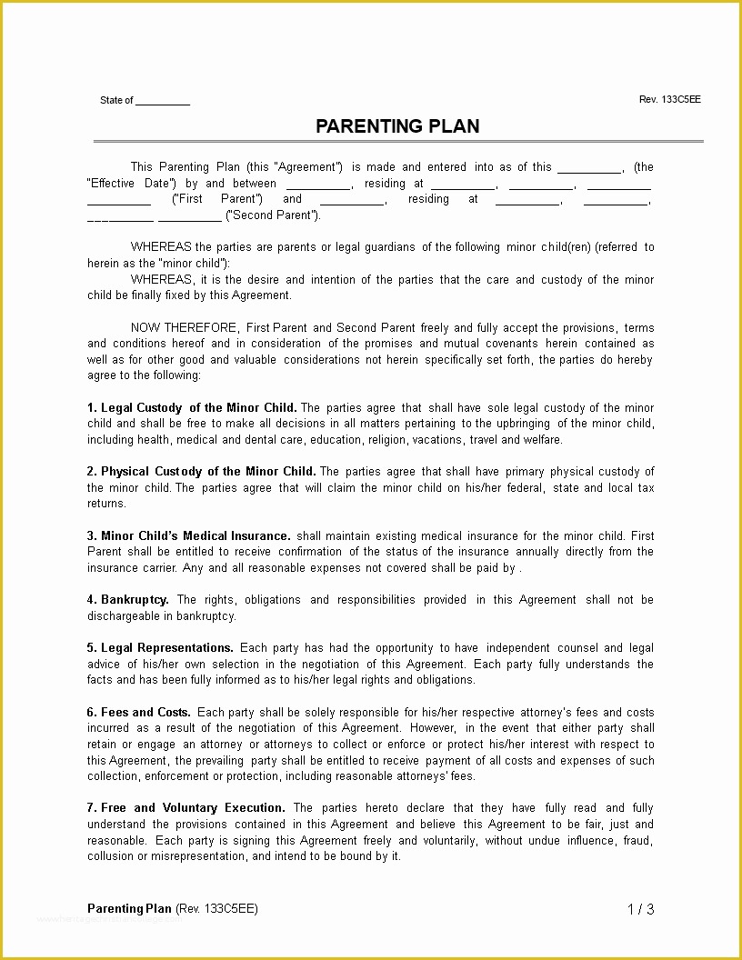 Parent Child Contract Templates Free Download Of Free Parenting Plan Template