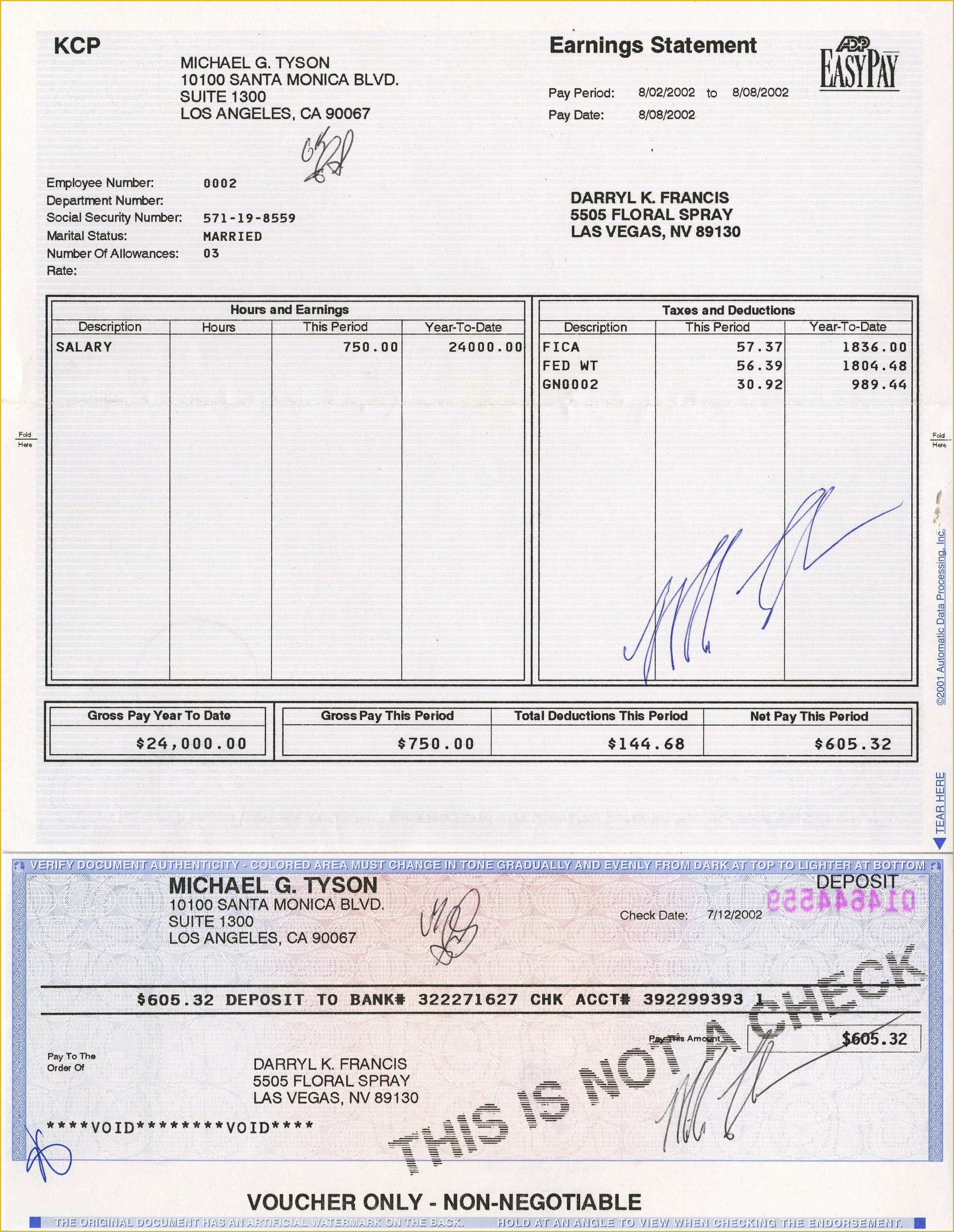 Payroll Check Template Free form Of Lot Detail Mike Tyson Signed Payroll Check and Earnings
