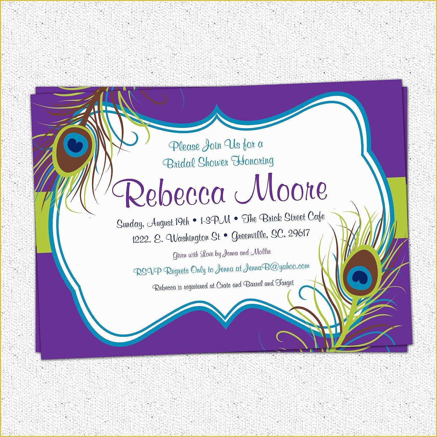 Peacock Invitations Template Free Of Peacock Feather Invitation Printable Bridal Shower Baby