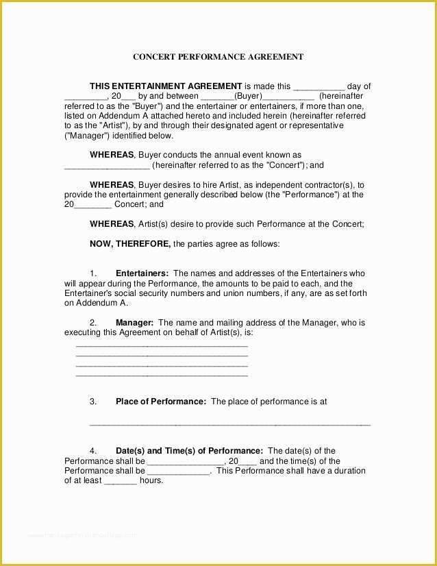 Performance Agreement Template Free Of Concert Performance Contract