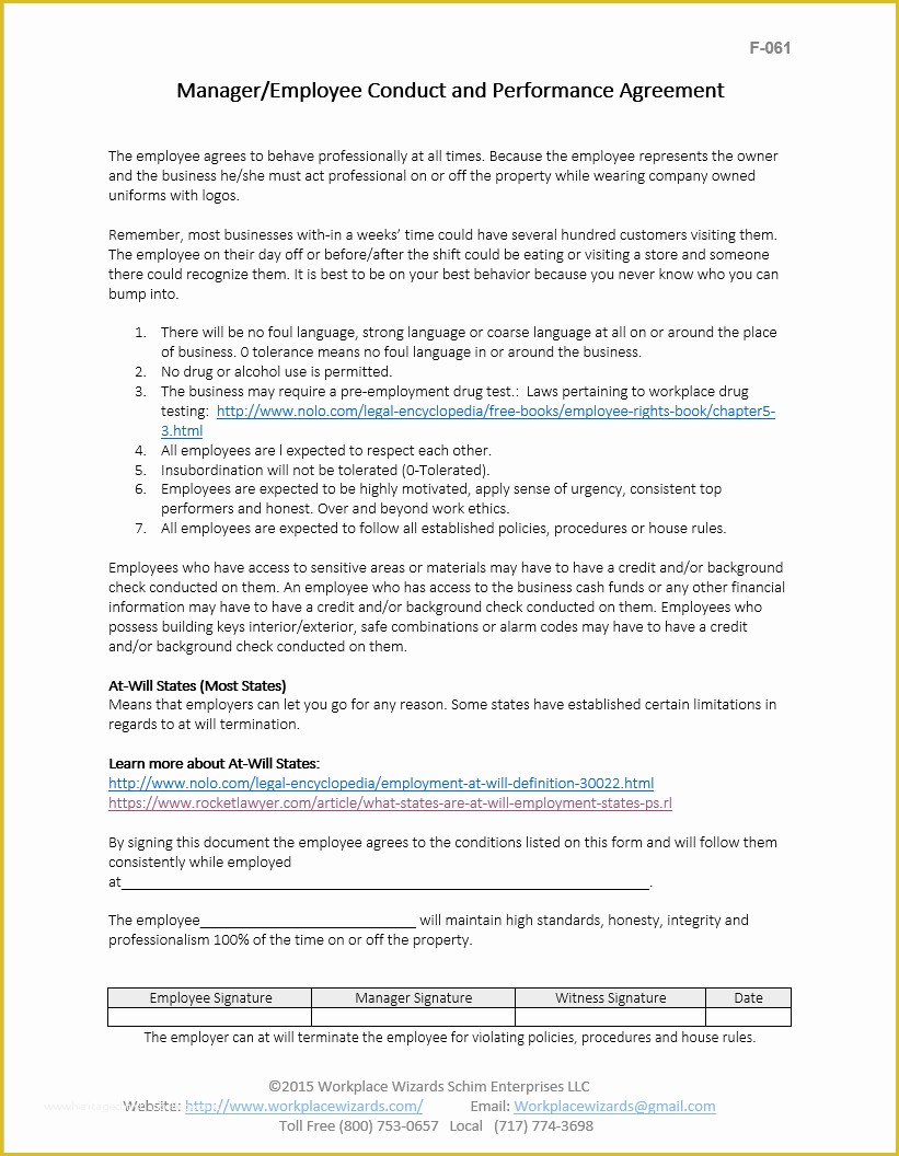 Performance Agreement Template Free Of Employee Conduct Performance Agreement form Workplace Wizards