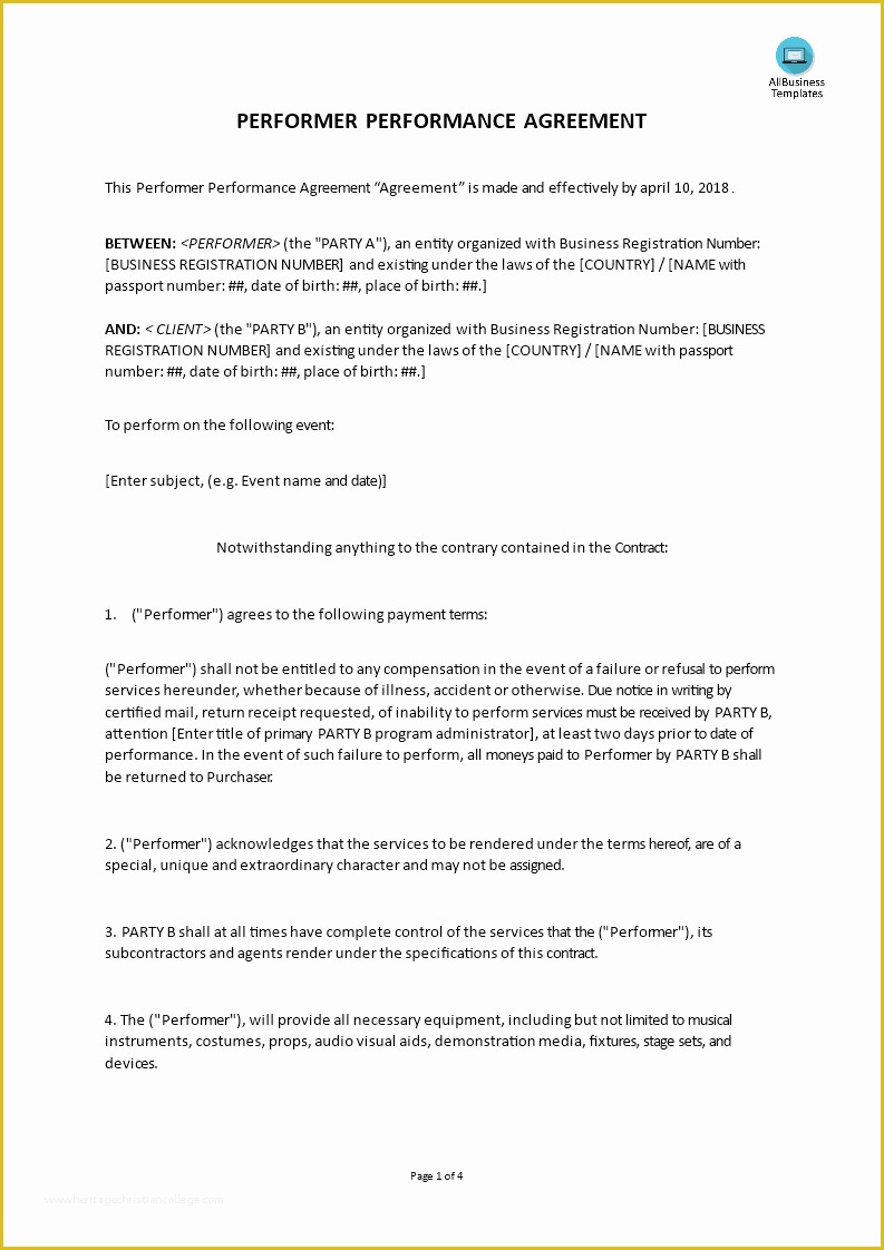 Performance Agreement Template Free Of Performer Performance Agreement