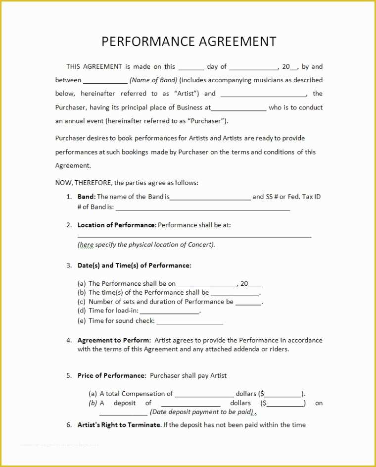 Performance Agreement Template Free Of Pricing