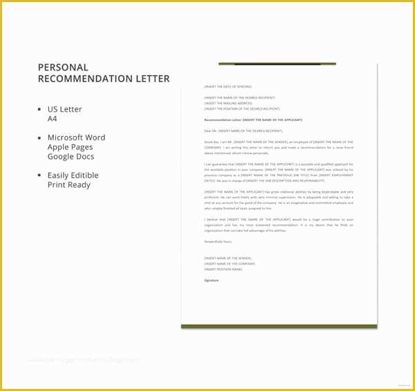 Personal Reference Letter Template Free Of 10 Personal Letter Of Re Mendation – Free Sample