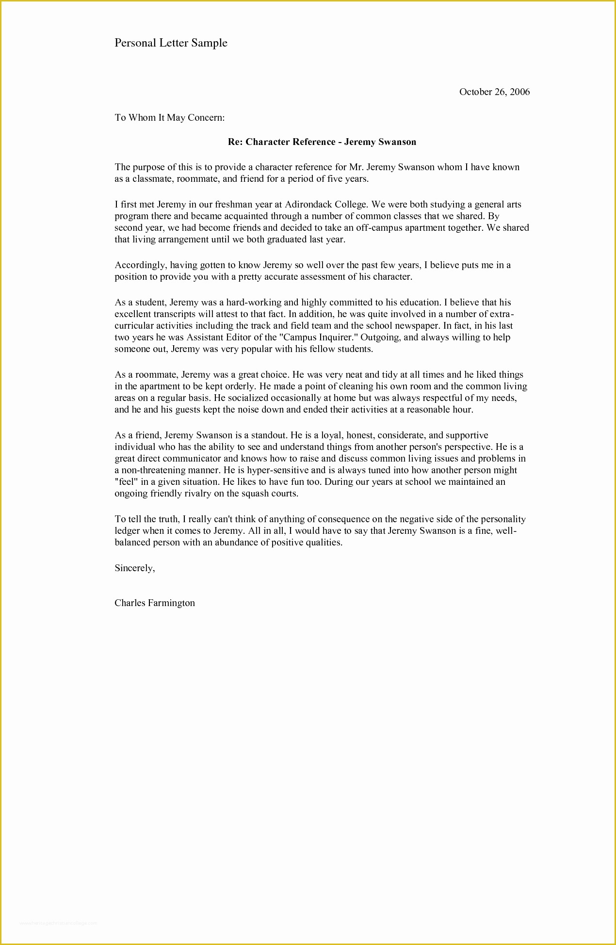 Personal Reference Letter Template Free Of Sample Personal Character 