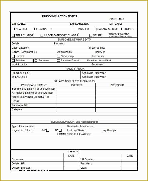 Personnel Action form Template Free Of 9 Sample Personnel Action forms Free Sample Example