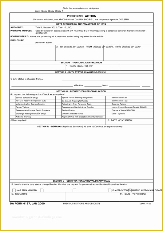 Personnel Action form Template Free Of Da form 4187 Personnel Action Printable Pdf