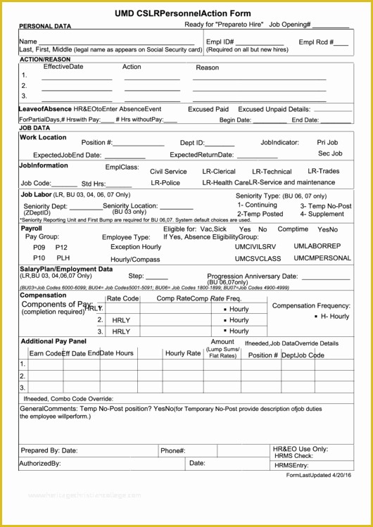 Personnel Action form Template Free Of Fillable Umd Cslr Personnel Action form Printable Pdf