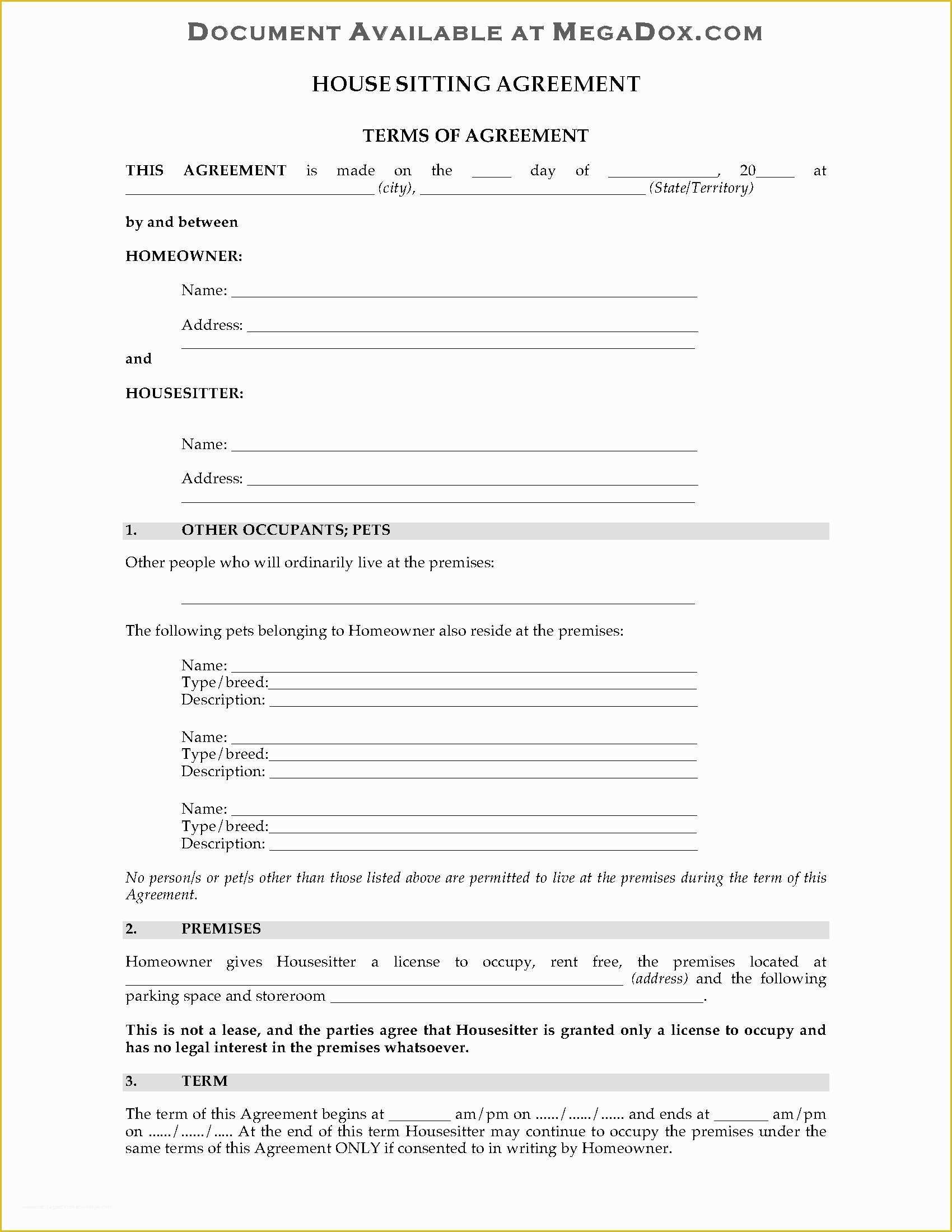 Pet Sitter Contract Template Free Of Australia House Sitting Agreement form