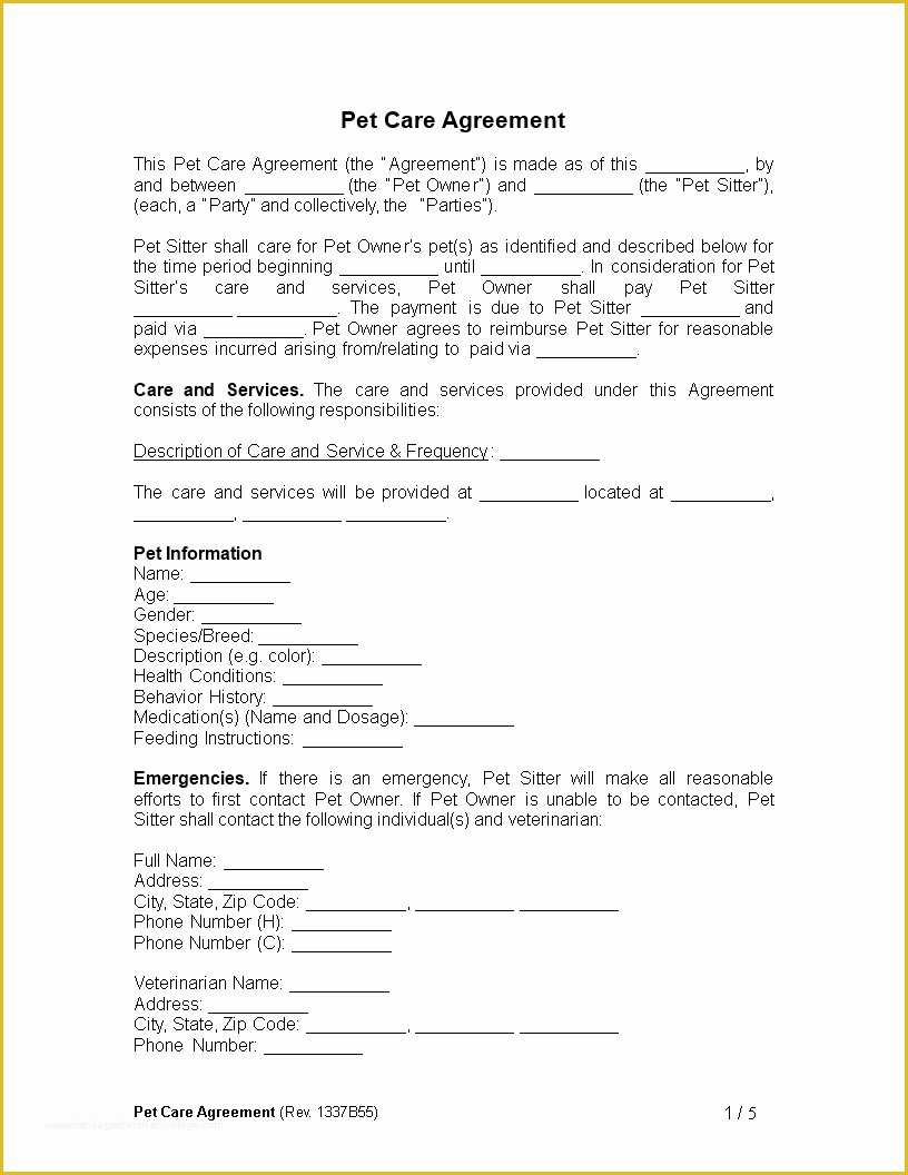 Pet Sitter Contract Template Free Of Free Pet Care Agreement Template