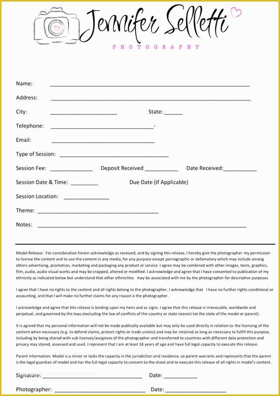 Photography Booking form Template Free Of Graphy Contract Child & Family Graphy