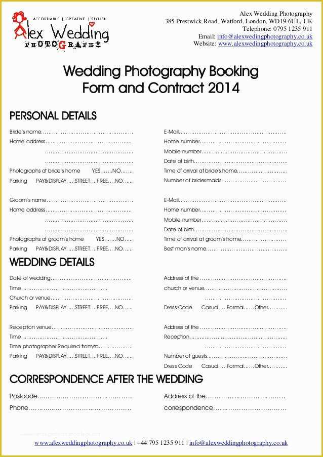 Photography Booking form Template Free Of Wedding Graphy Booking form and Contract 2014