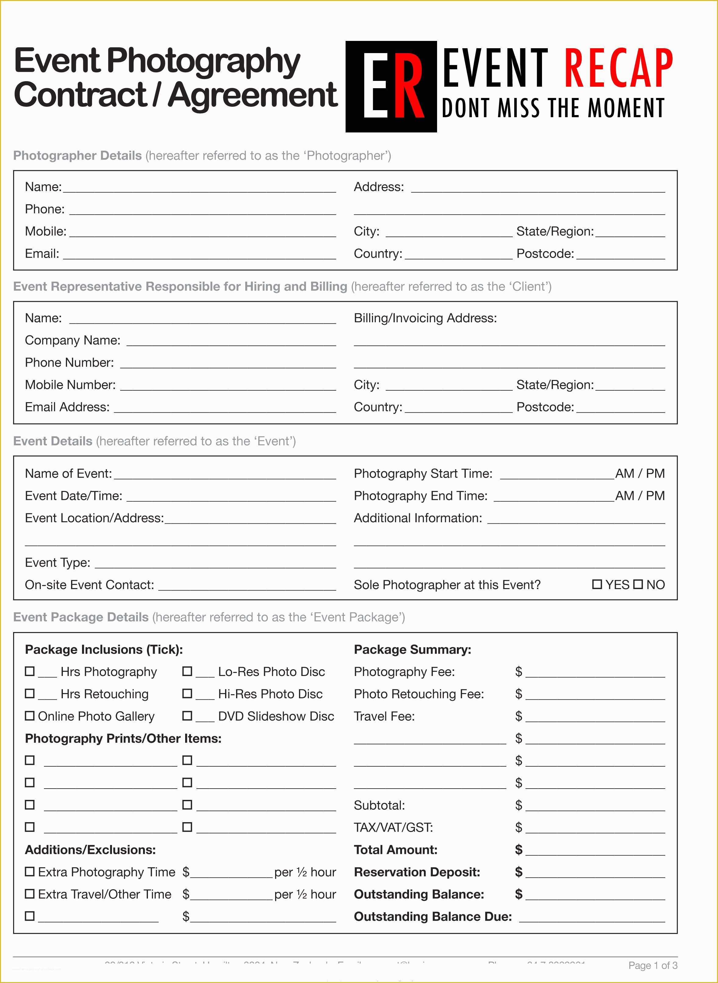 Photography Contract Template Free Of Booking Information