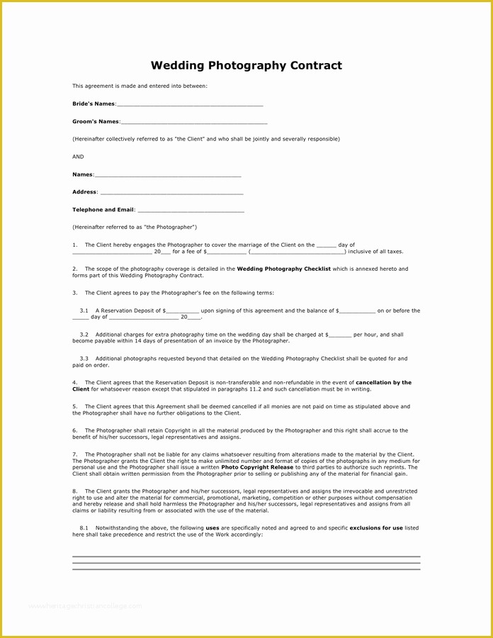 Photography Contract Template Free Of Wedding Graphy Contract In Word and Pdf formats