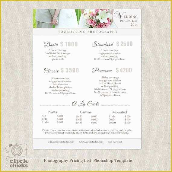 Photography Price List Template Free Of Wedding Graphy Package Pricing List Template