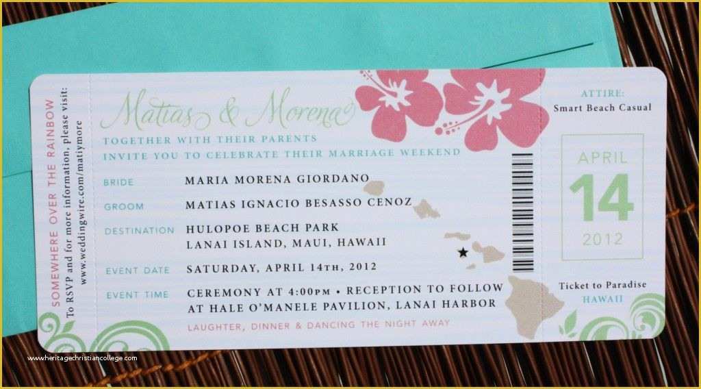 Plane Ticket Wedding Invitation Template Free Of Pink Green & Turquoise Swirl and Hibiscus Airline Ticket