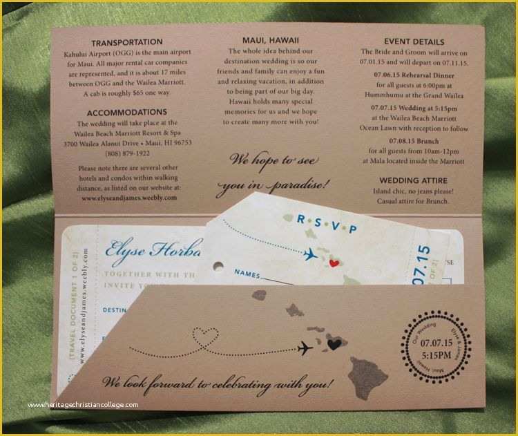 Plane Ticket Wedding Invitation Template Free Of Royal Blue Sage Green & Tan island Sunset & Hawaiian Map