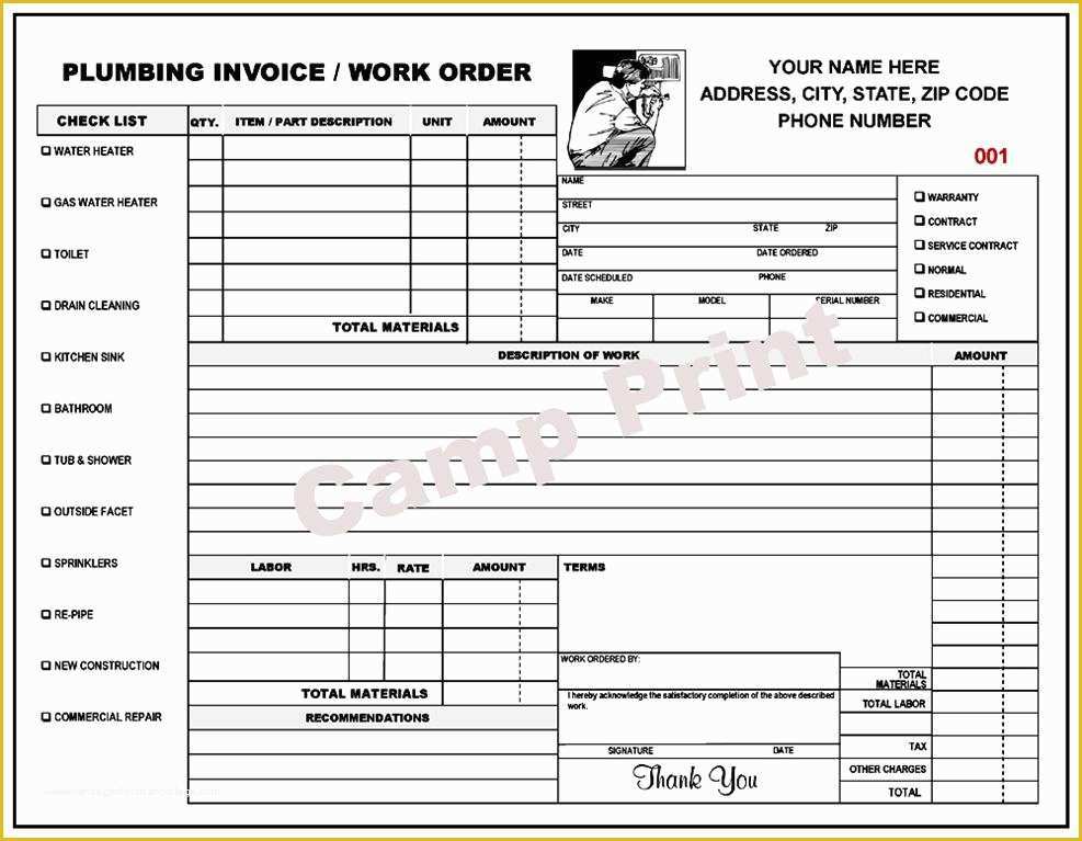 Plumbing Work order Template Free Of Plumbing Work order Invoice 2 Part Carbonless