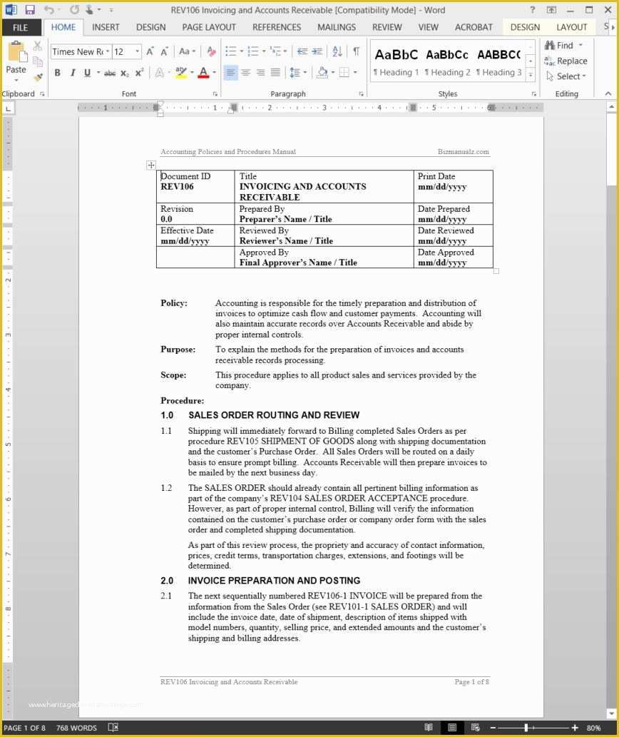 Policy and Procedure Template Free Of Accounts Receivable Procedure