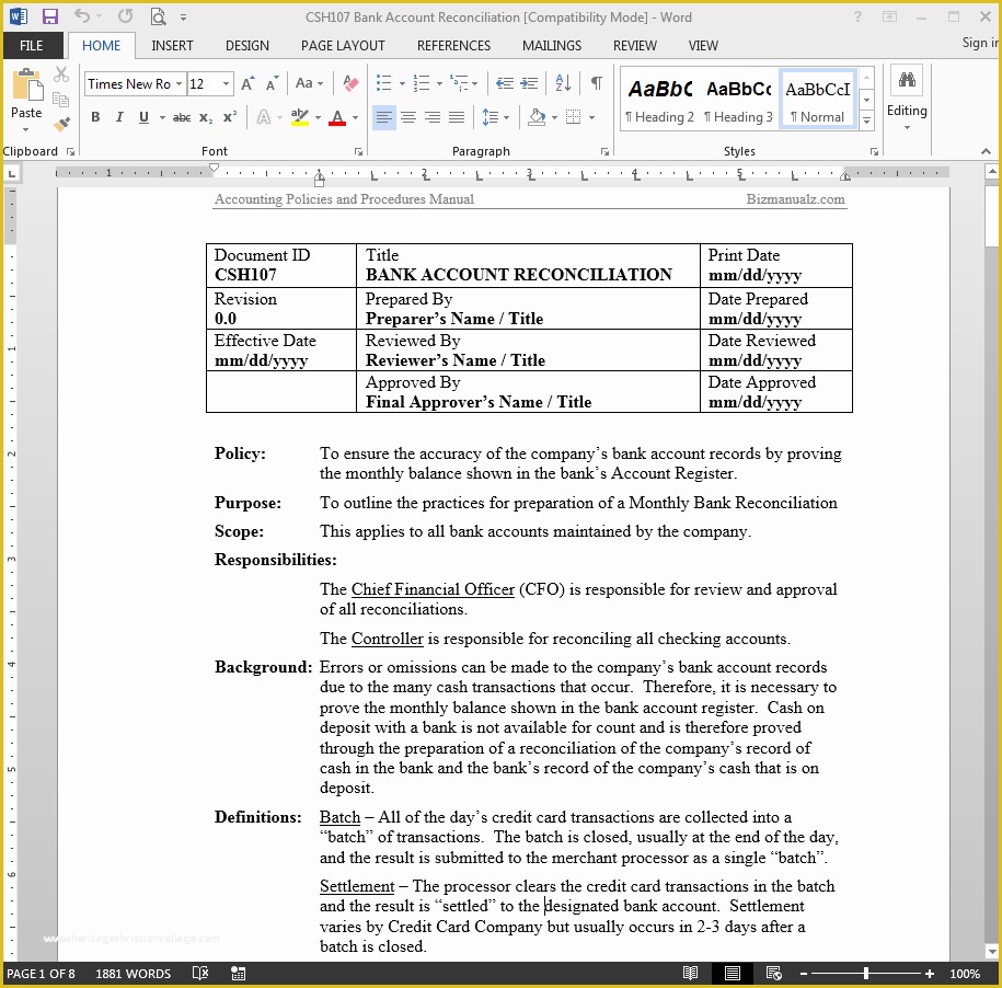 Policy and Procedure Template Free Of Bank Reconciliation Accounting Word Templates