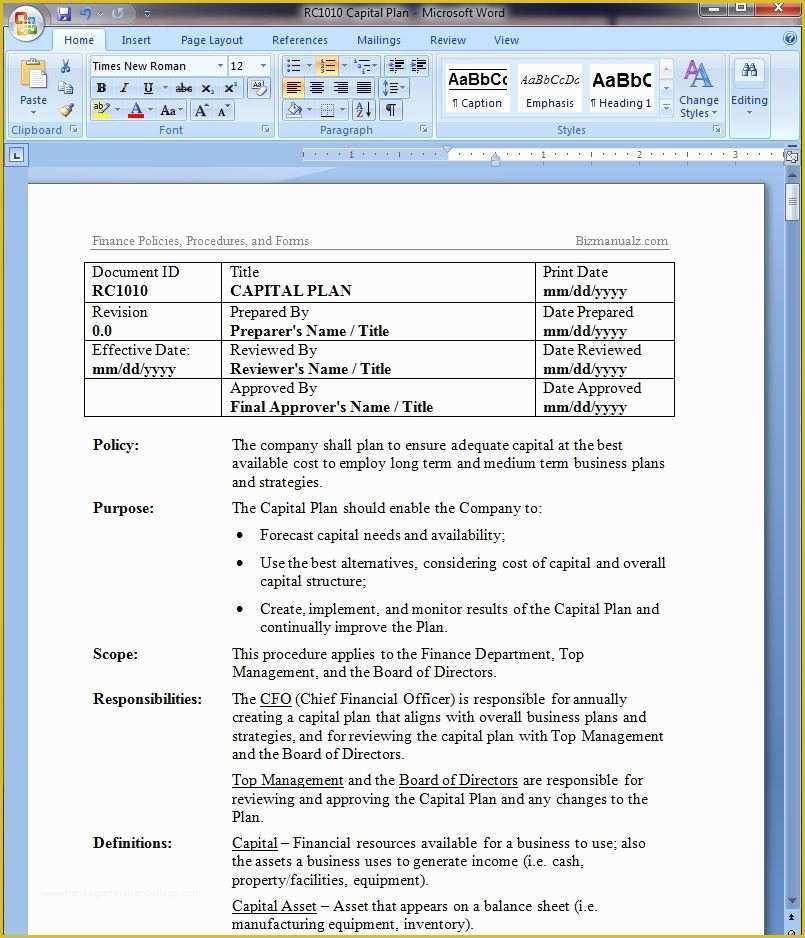 Policy and Procedure Template Free Of Capital Planning Policy Template