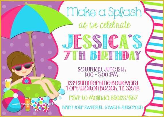 Pool Party Invitations Templates Free Of Swimming Pool 5x7 Invitation Girl Birthday Party Printable