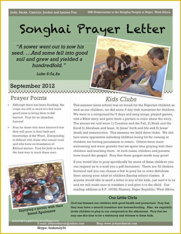 Prayer Letter Templates Free Of Seeking the songhai Fox Family Prayer Letter September 2012