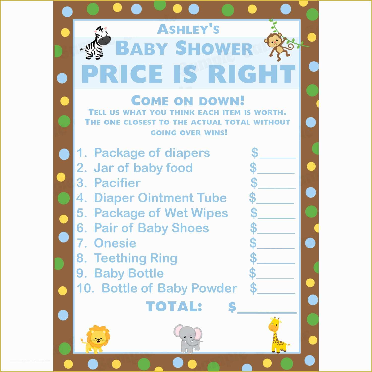 Price is Right Baby Shower Game Free Template Of 24 Personalized Baby Shower Price is Right Game Cards Zoo