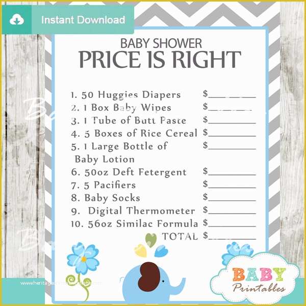 Price is Right Baby Shower Game Free Template Of Blue Elephant Baby Shower Games Bundle – D105