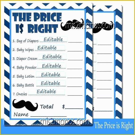 Price is Right Baby Shower Game Free Template Of Editable Price is Right Baby Shower Game Blue Mustache Set