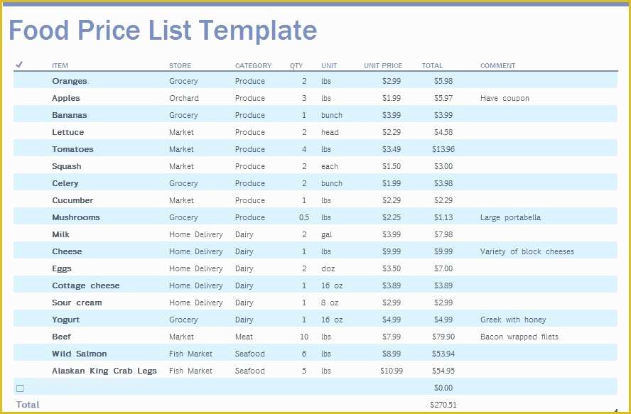Price List Template Free Of 9 Free Sample Food Price List Templates Printable Samples