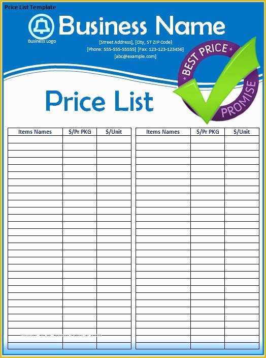 Price List Template Free Of Price List Template