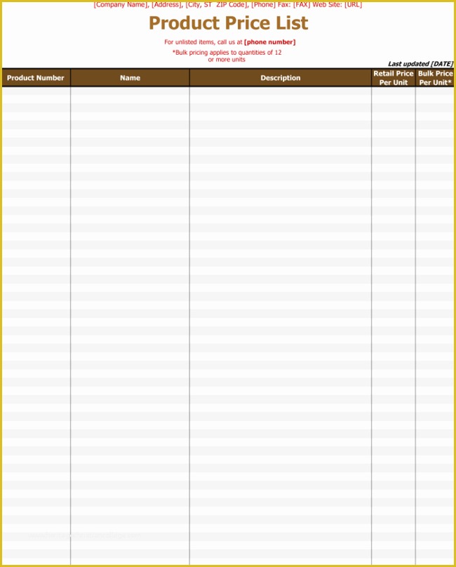 Price List Template Free Of Price List Template