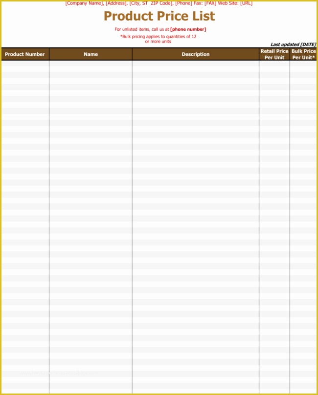 Price List Template Free Of Price List Template