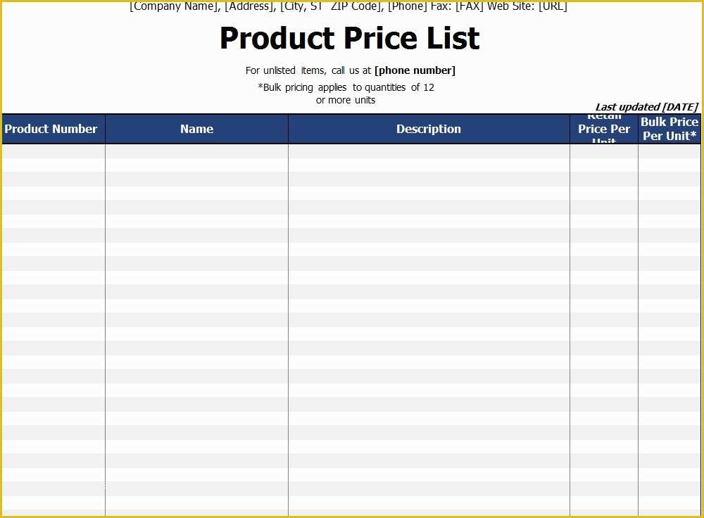 Price List Template Free Of Product Price List