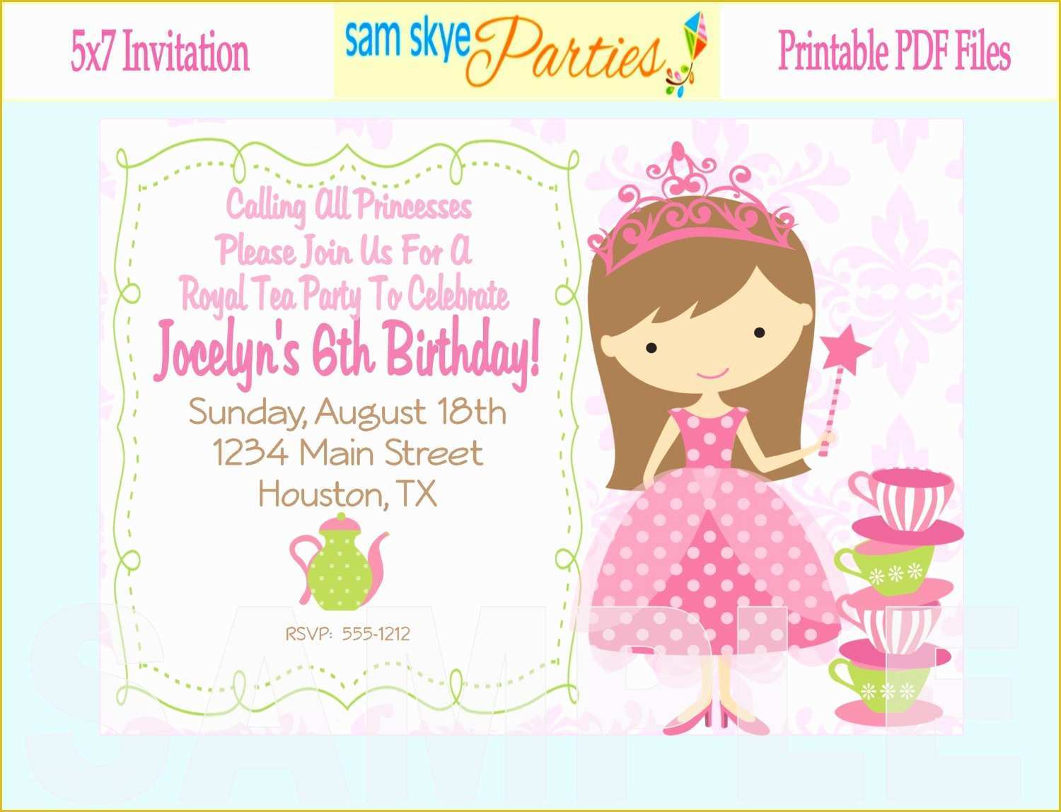 Princess Birthday Invitation Templates Free Of Princess Birthday Tea Party Invitation Tea by Samskyeparties