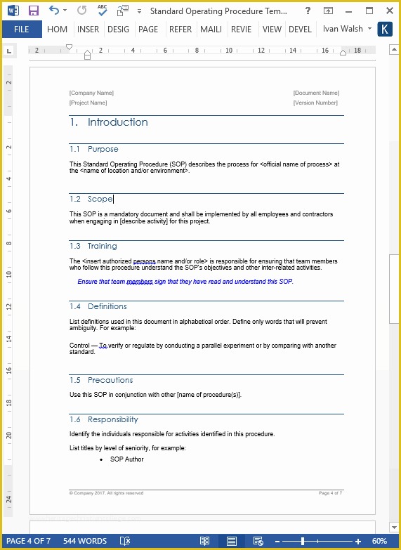 Procedure Manual Template Word Free Of Procedure Template – Ms Word Standard Operating Procedure