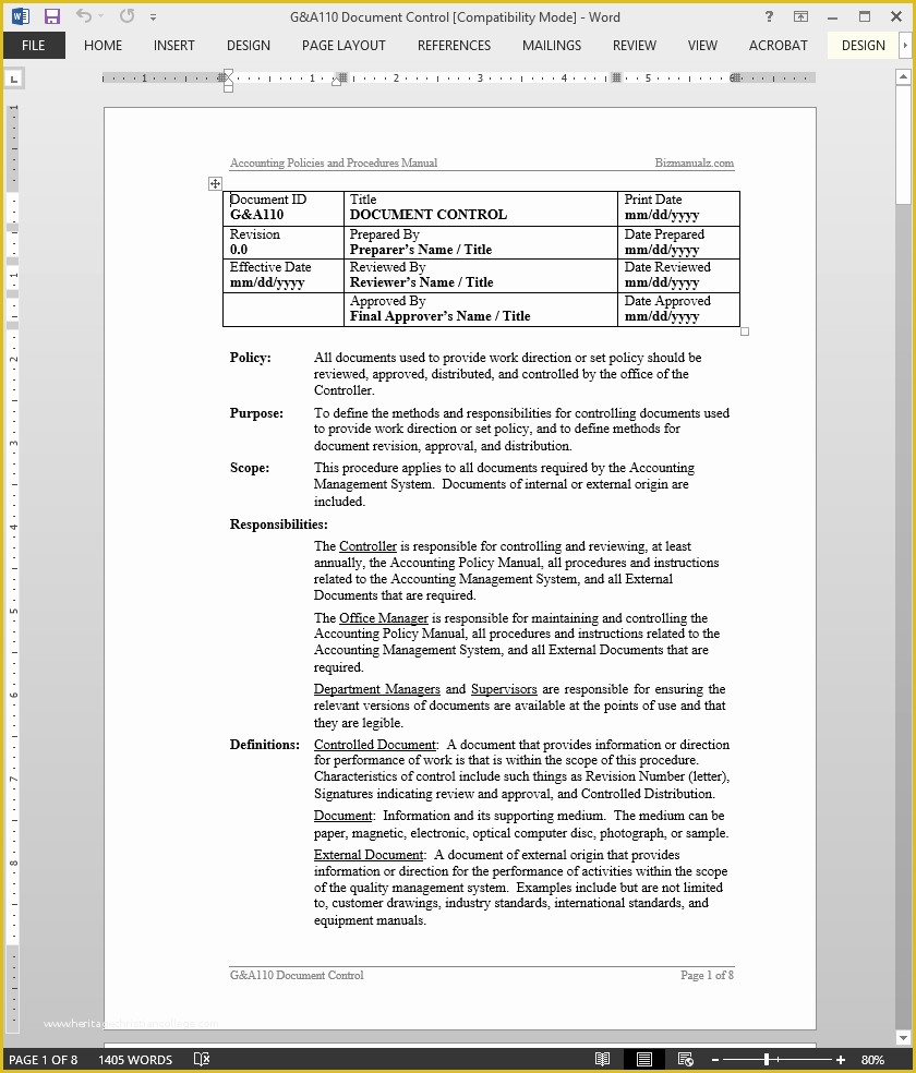 Process Manual Template Free Of iso Document Control