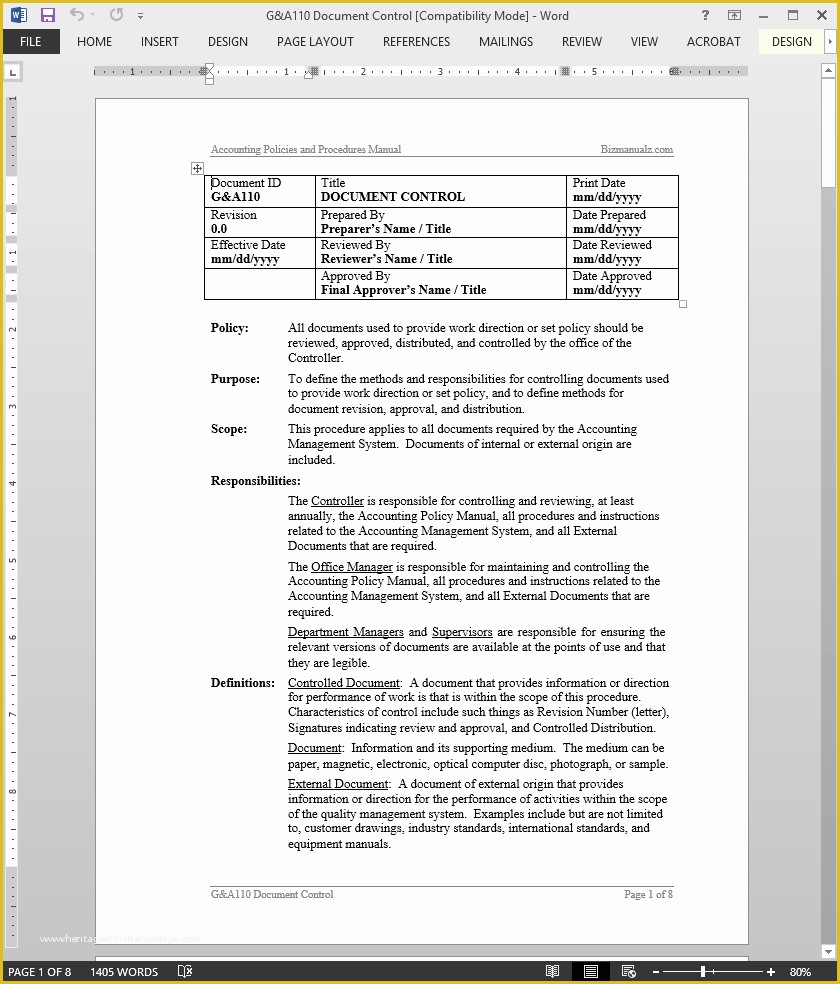 Process Manual Template Free Of iso Document Control