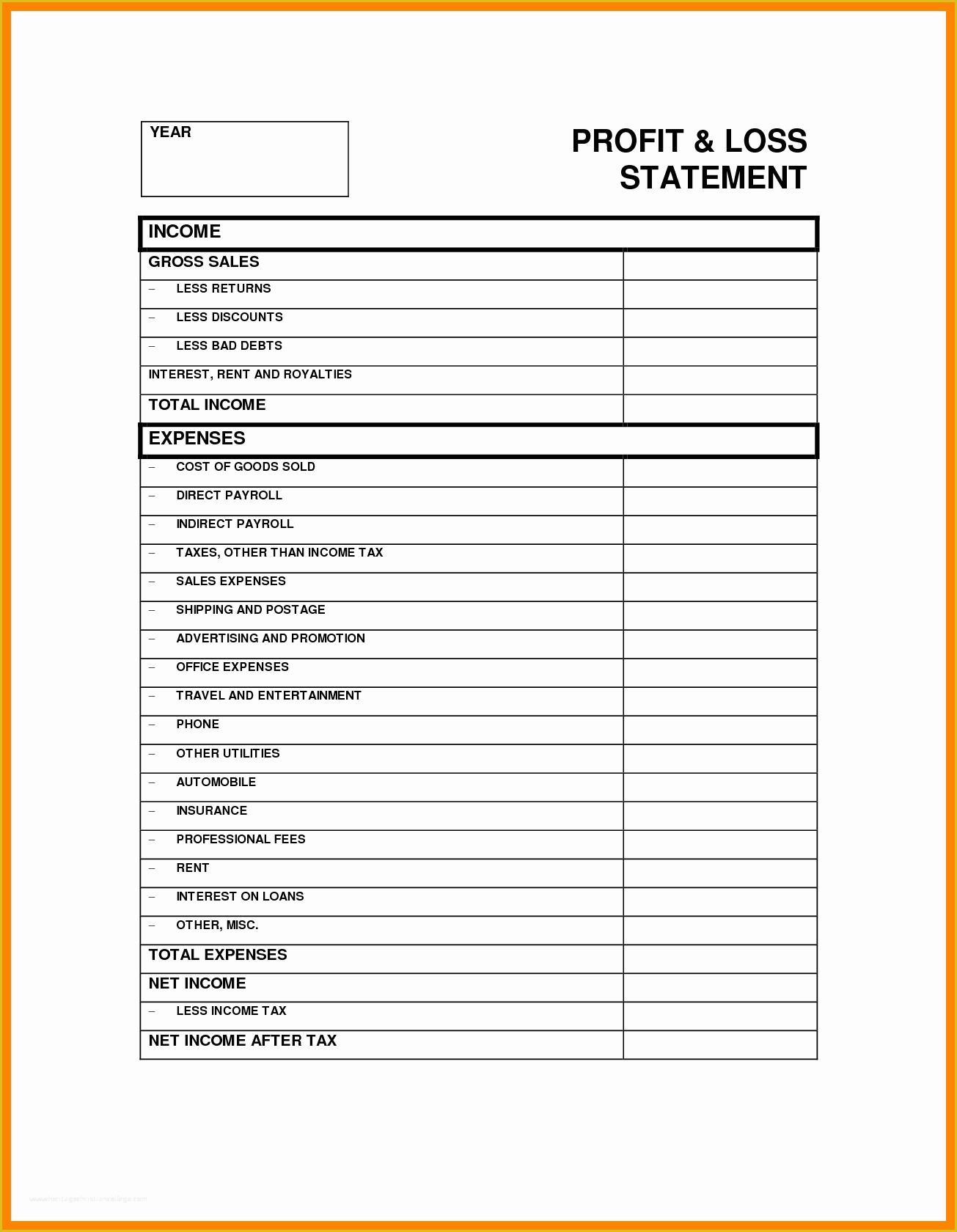 Profit and Loss Statement Template Free Of Printable Profit and Loss Statement