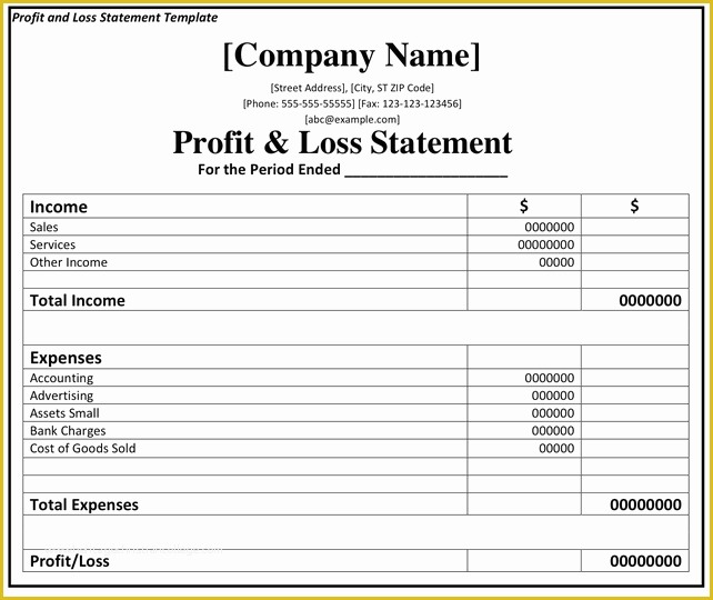 Profit and Loss Template Free Download Of Profit and Loss Template Printable Profit and Loss